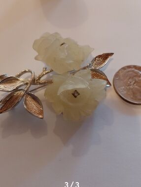 Vintage Cream Rose Brooch with Gold-Tone Leaves